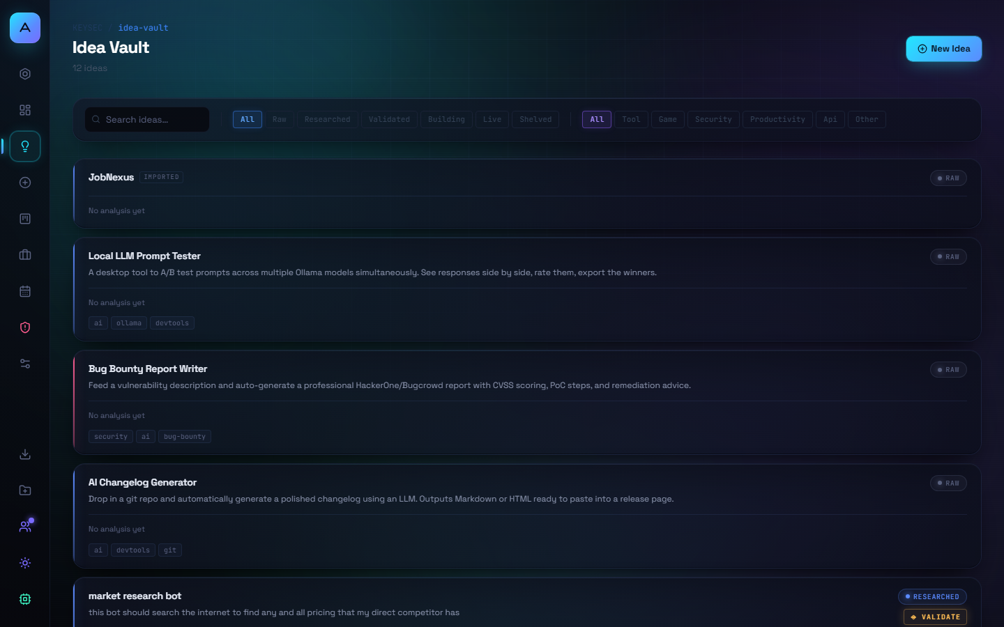 AppStudio Idea Vault — filterable idea list with tags and scores